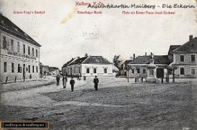 Mailberg, NÖ Mailberg, N.-Oe, Johann Kopp's Gasthof, Ritterlicher Markt, Platz mit Kaiser Franz-Josef-Denkmal Jahr: unbekannt 21185 Verlag/Druck: Rud. Czyrek, Joslowitz...